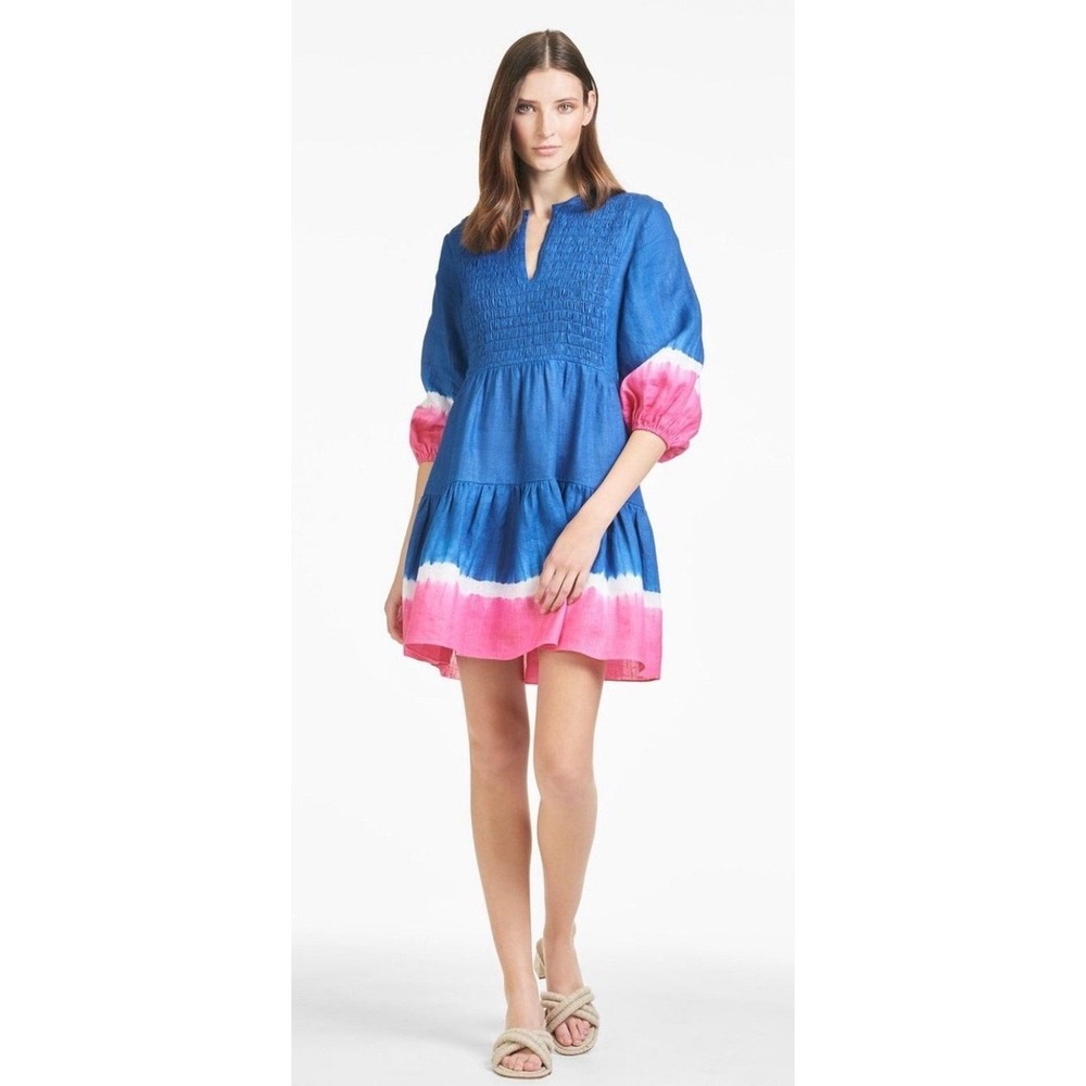 Sachin & Babi Coco Dress Royal Blue Pink Dip Dye Smocked Linen Mini size L NWT